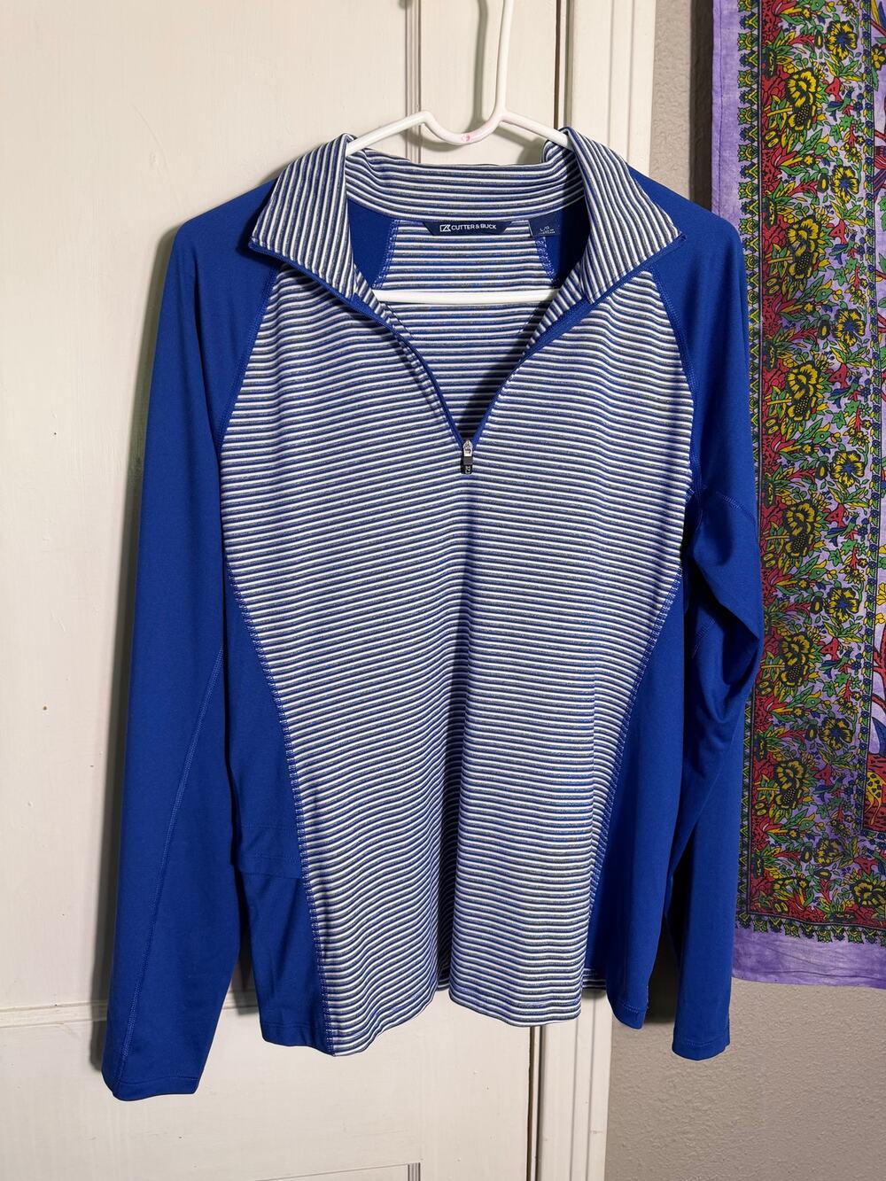 Cutter & Buck Quarter Zip Pullover Blue Stripe Golf Performance Top - Large